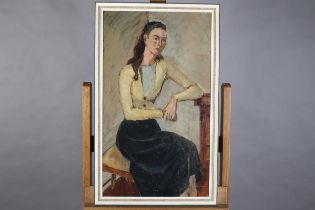 British School, mid 20th century, Girl in yellow, three quarter portrait, oil on board, unsigned,