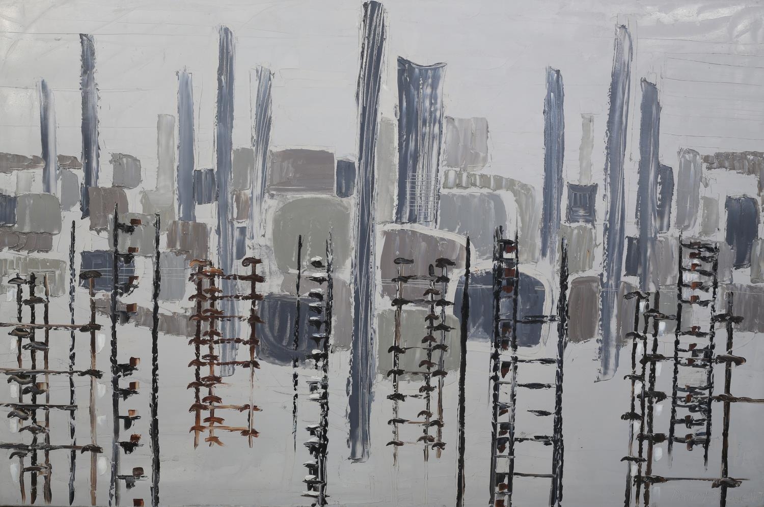 ARR Druie Bowett (1924-1998), Industrial landscape, abstract, oil on canvas, incised signature and