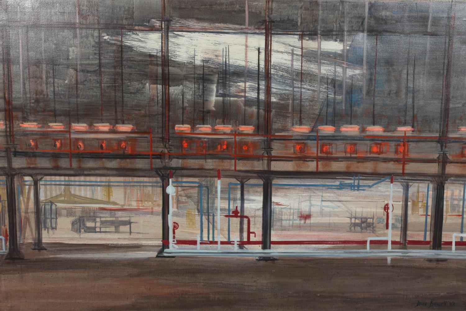 ARR Druie Bowett (1924-1998), Glass Bulbs, Harworth, factory interior, oil on canvas, signed and
