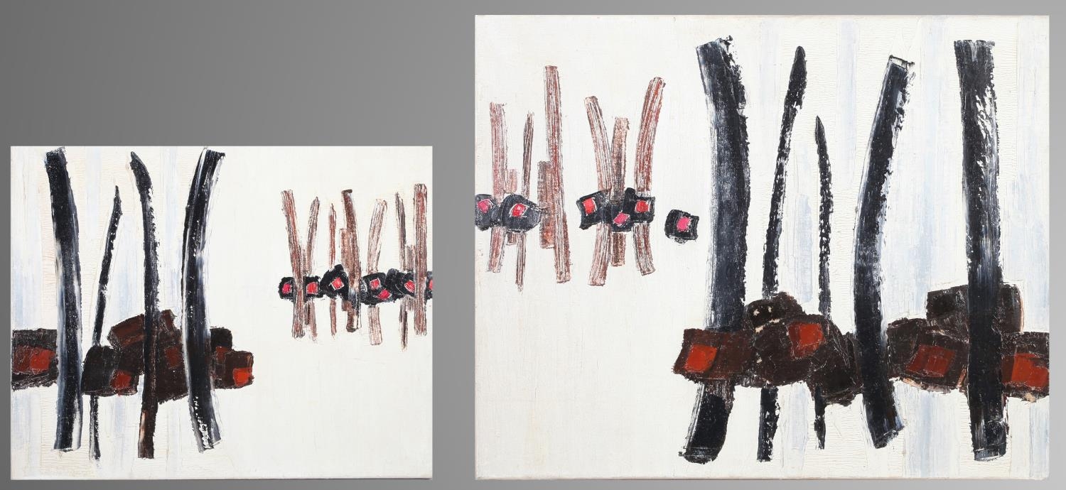 ARR Druie Bowett (1924-1998) Dyptic, verticals in black and brown with red, oil on canvas, signed to