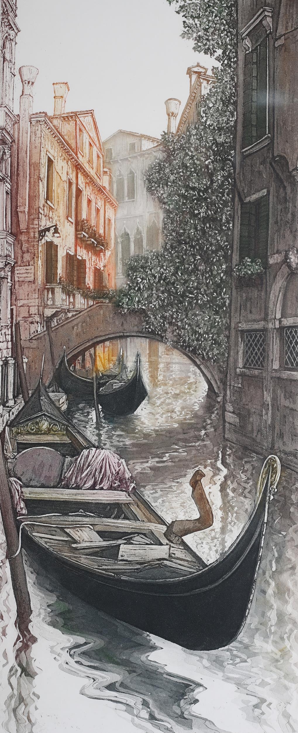 ARR Ugo Baracco Italian (b1949), A Venetian rio with moored gondolas, a pair, coloured etching, - Image 3 of 6