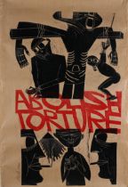 By and After Paul Peter Piech American (1920-1996), Abolish Torture, two colour linocut on brown