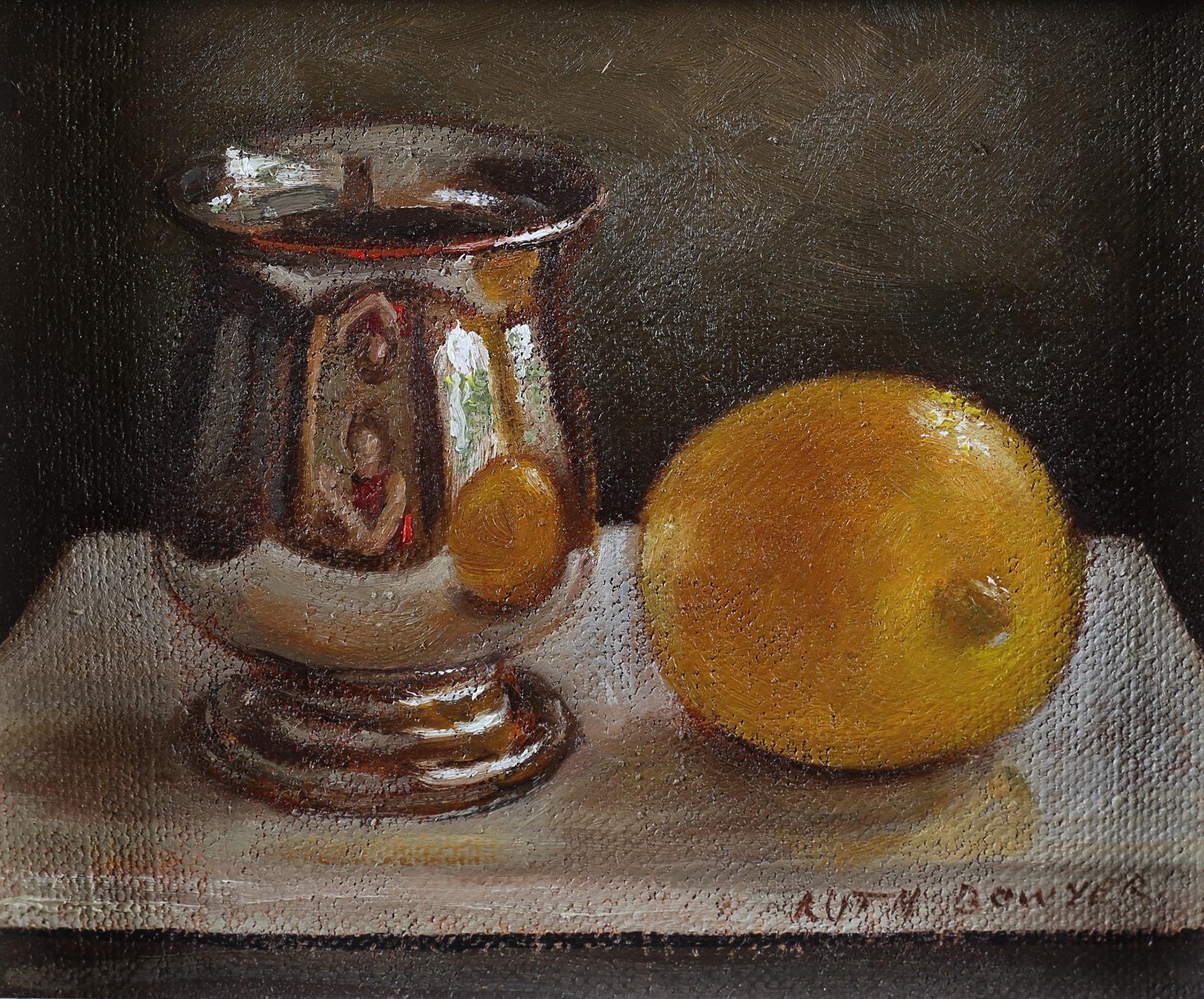 ARR Ruth Bowyer (b 1948), Lemon and Silver Mug, oil on board, signed to lower right, 14.5cm x 17. - Image 2 of 5