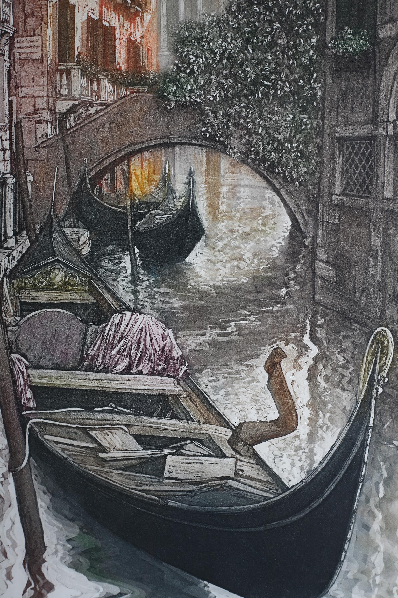 ARR Ugo Baracco Italian (b1949), A Venetian rio with moored gondolas, a pair, coloured etching, - Image 4 of 6