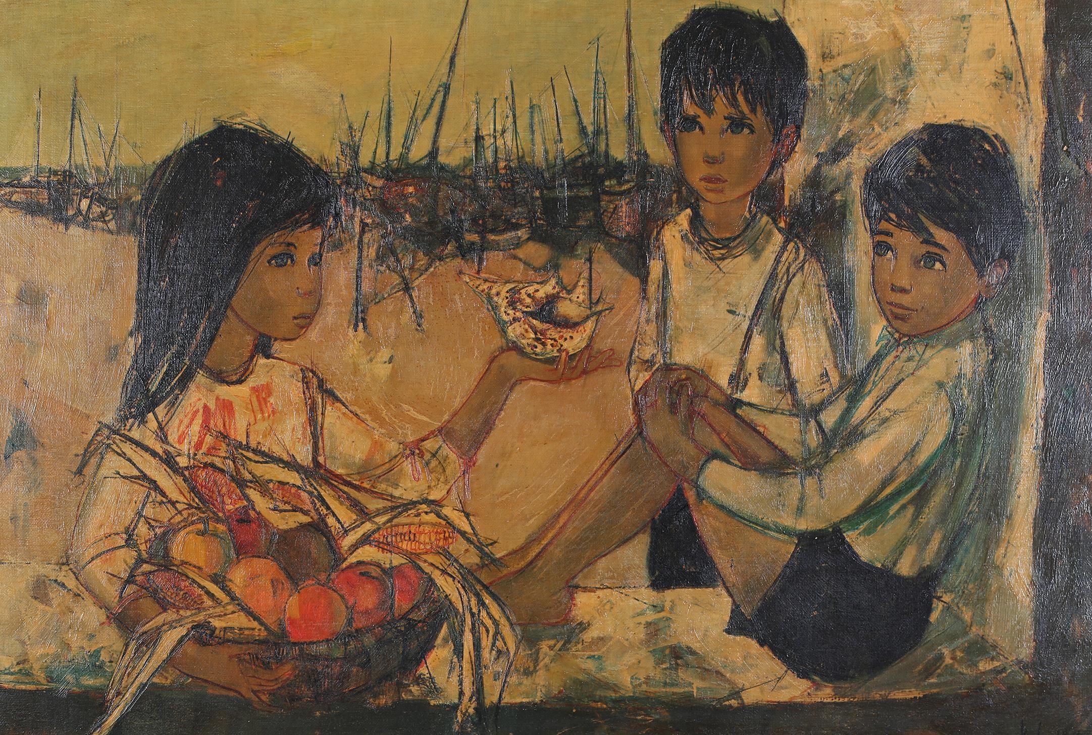 ARR Jean-Baptiste Valadie French (b 1933) , Fisherman's Children, sitting on a wall beside the - Image 2 of 7