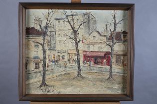 French School mid 20th century, Montmatre, Paris, Street scene with trees and elegant figures, oil