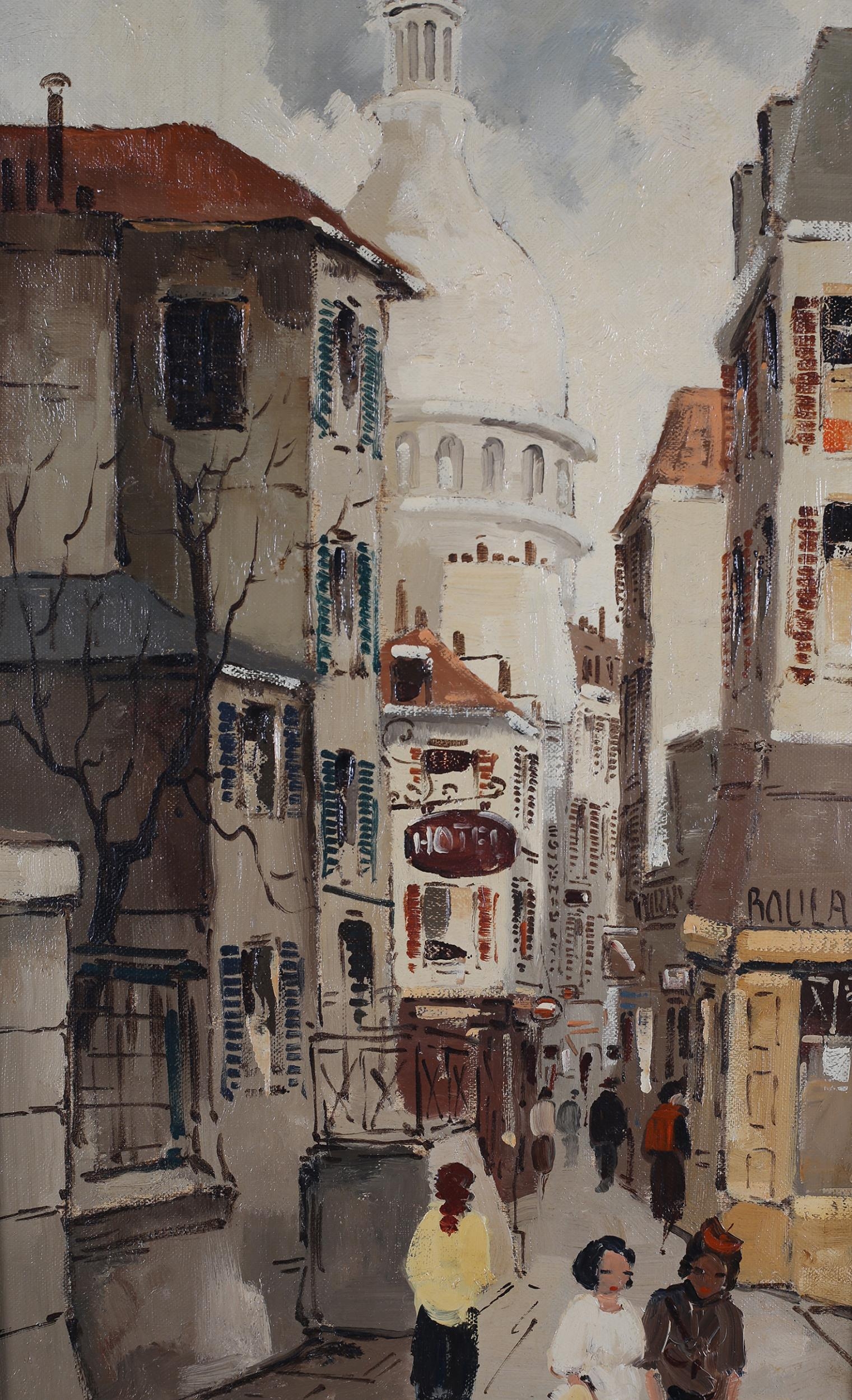 ARR Max Moreau French (act 1950-60), Montmatre, Paris, Street scene with elegant figures, oil on - Image 2 of 5