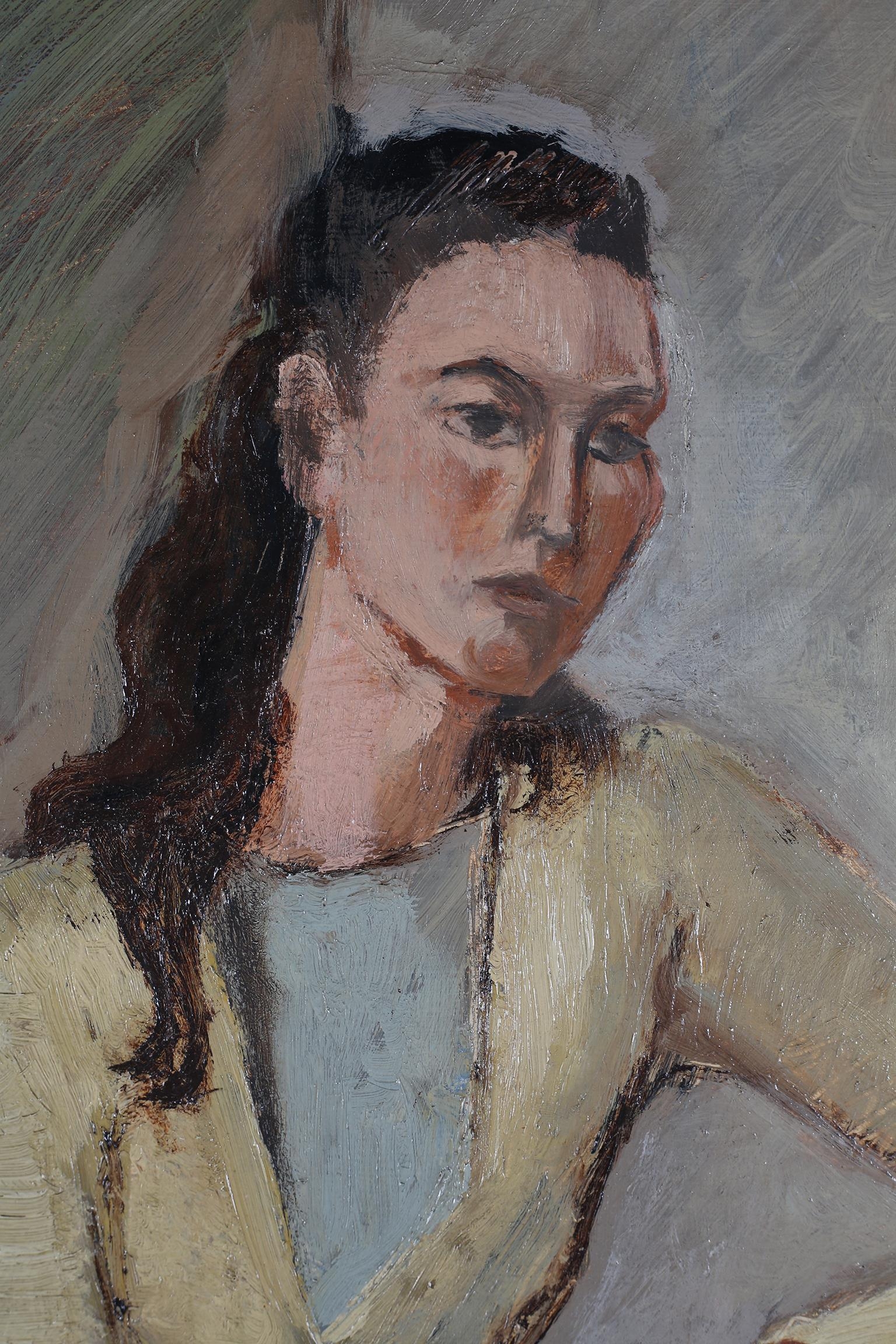 British School, mid 20th century, Girl in yellow, three quarter portrait, oil on board, unsigned, - Image 3 of 4