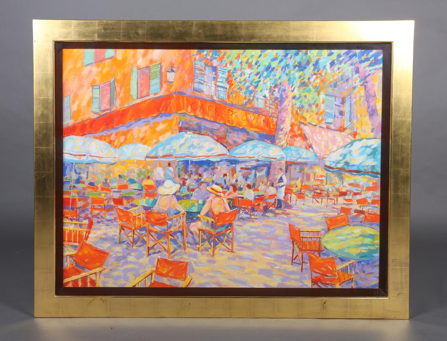 ARR John Holt (b 1949), French café scene, pastel, signed to lower right, 75cm x 103cm