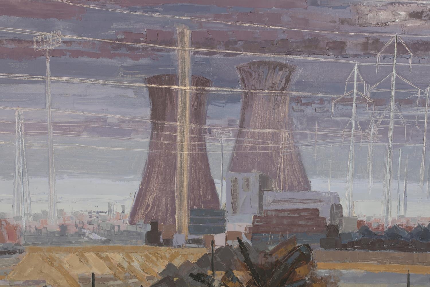 ARR Druie Bowett (1924-1998), Drax Power Station, landscape with cooling towers, oil on canvas, - Image 2 of 3