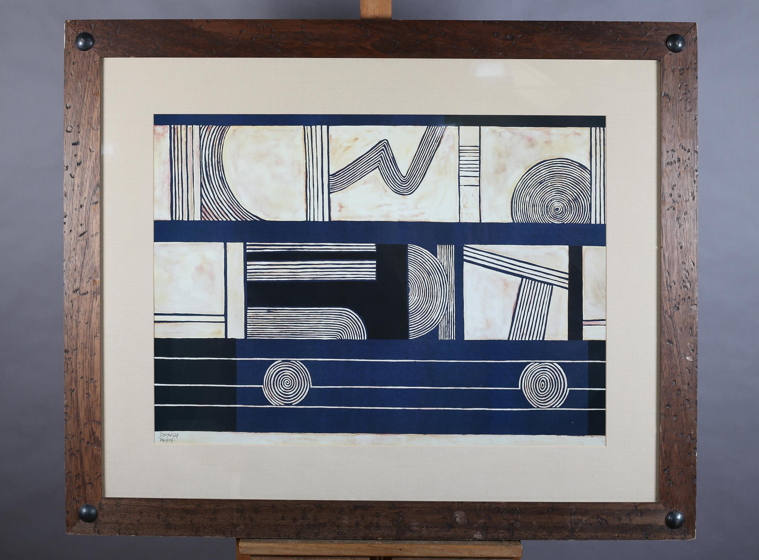 After Dominique Gaudin 20th century, Geometric Composition, in blue and ivory, print, 54cm x 78cm (
