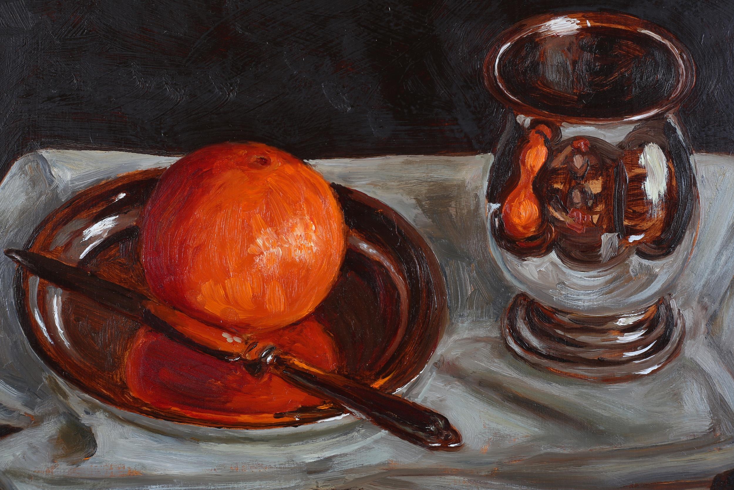 ARR Ruth Bowyer (b 1948), Orange and Silver Mug, oil on board, signed to lower right, with Walker - Image 3 of 5