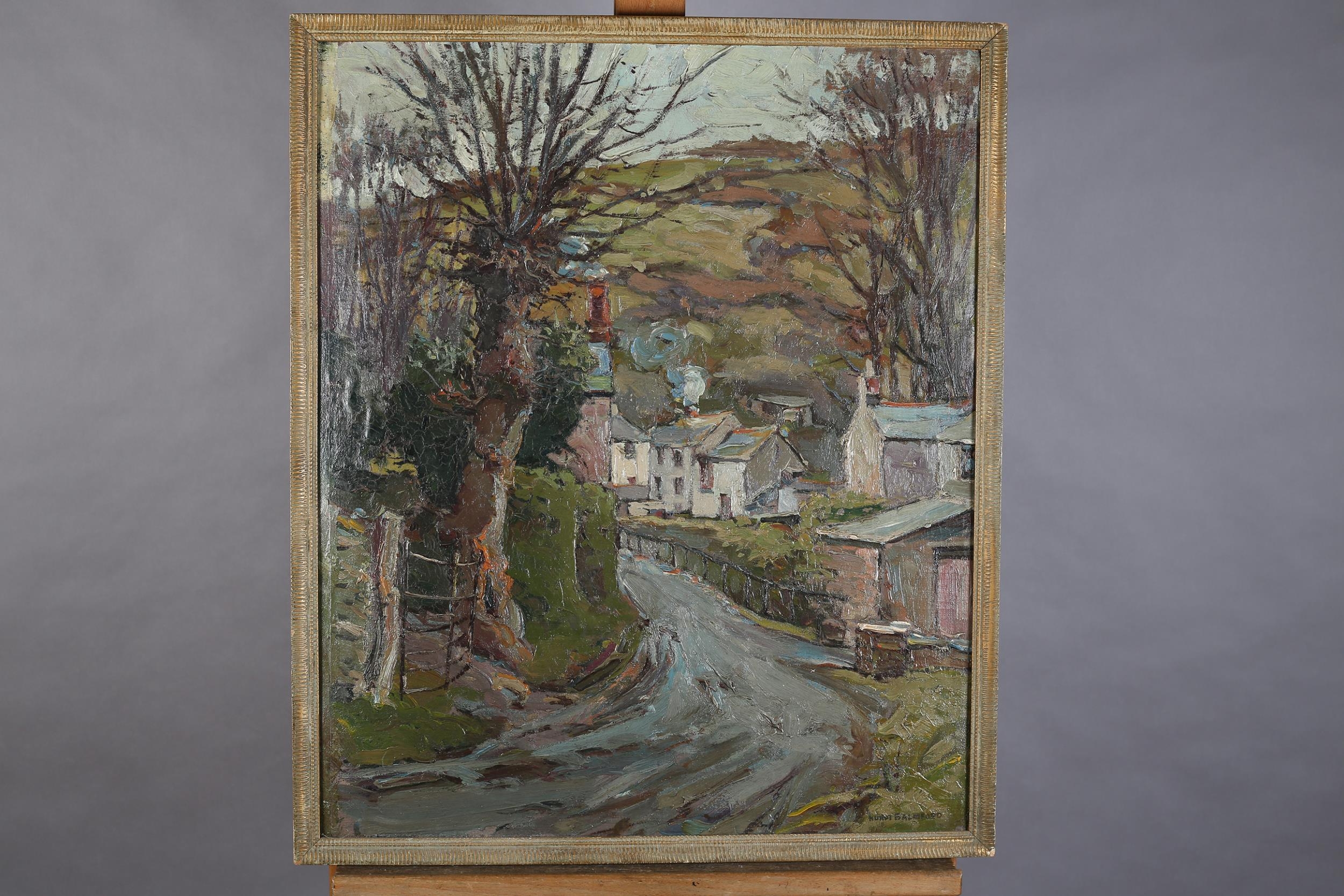 Hurst Balmford (1871-1950), Crumplehorn, Polperro, Street scene with winter trees, oil on board,