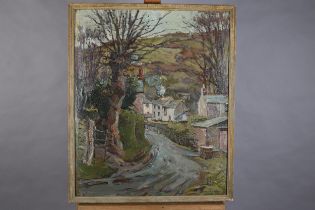 Hurst Balmford (1871-1950), Crumplehorn, Polperro, Street scene with winter trees, oil on board,