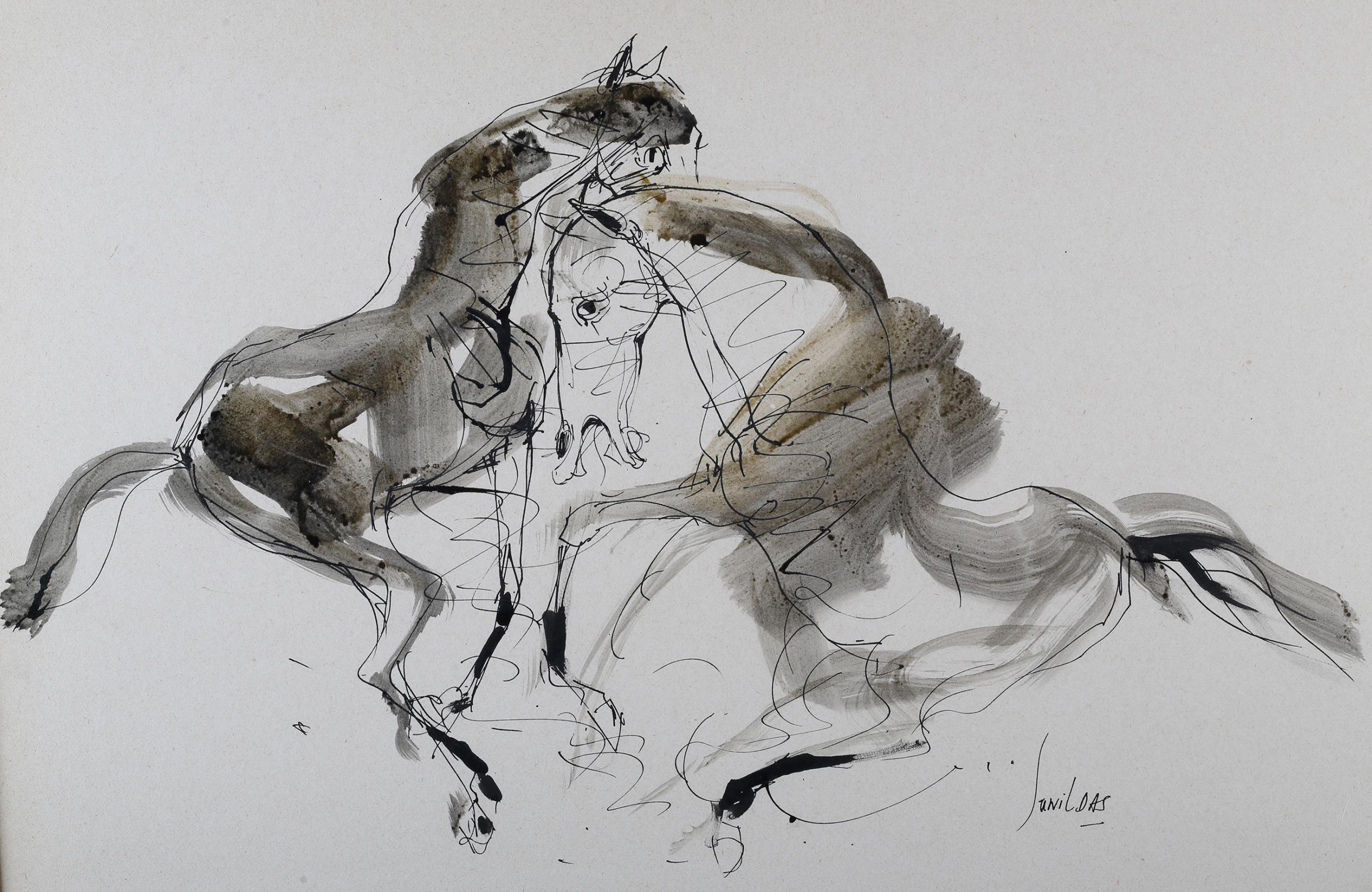 Sunil Das, Indian (1939-2015), Two horses, mixed media, signed to lower right, 55cm x 72cm (Shipping - Image 2 of 4