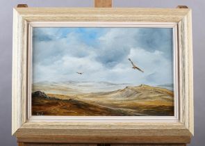 Hood 20th/21st century, Red Kites above Moorland, oil on board, signed to lower left, 25cm x 40cm (