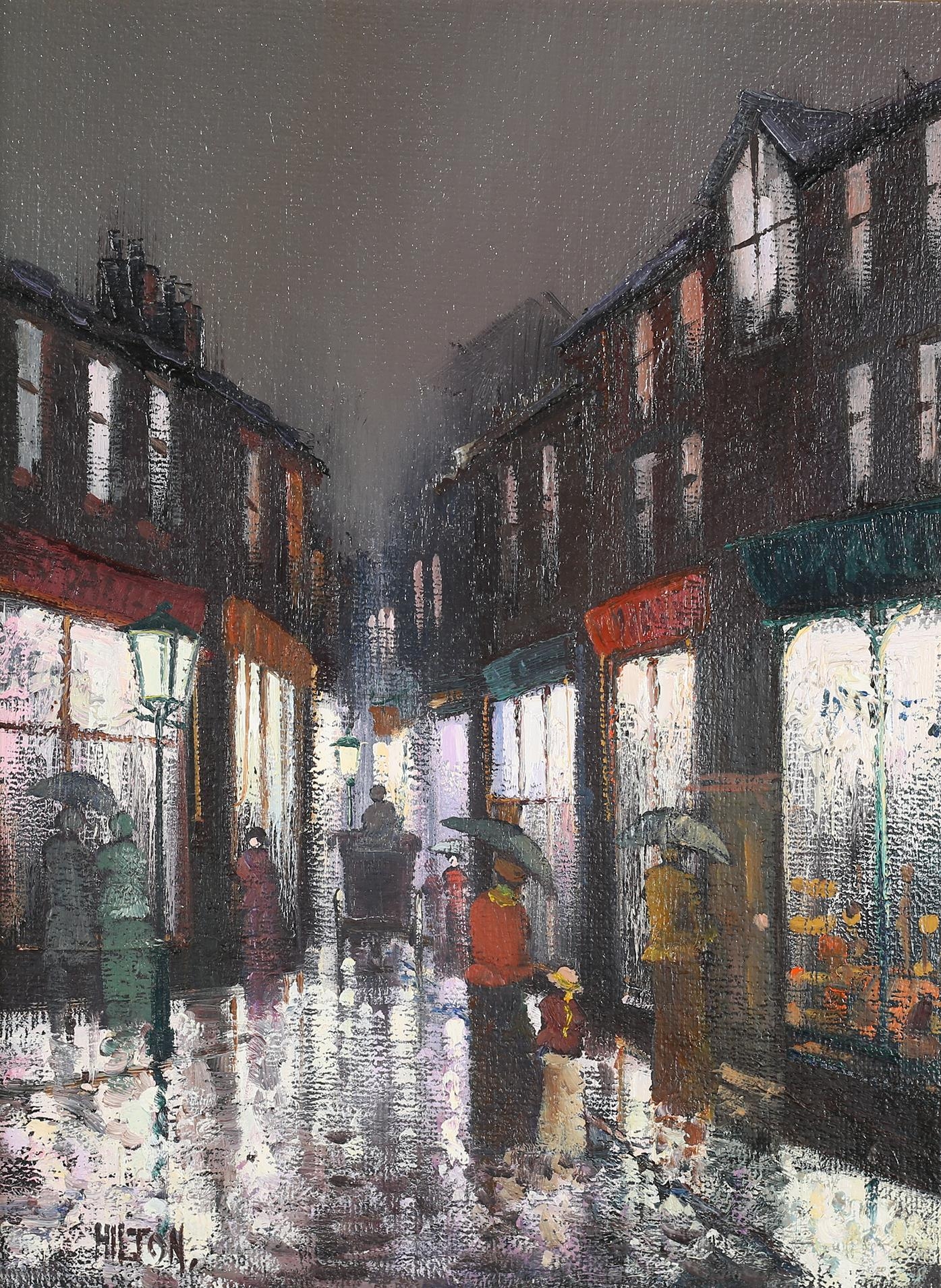 ARR Barry Hilton (b 1941), Edwardian street scene with figures on a rainy night, oil on canvas, - Image 2 of 5