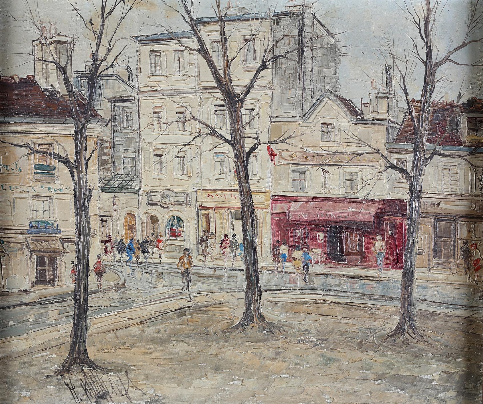 French School mid 20th century, Montmatre, Paris, Street scene with trees and elegant figures, oil - Image 2 of 6