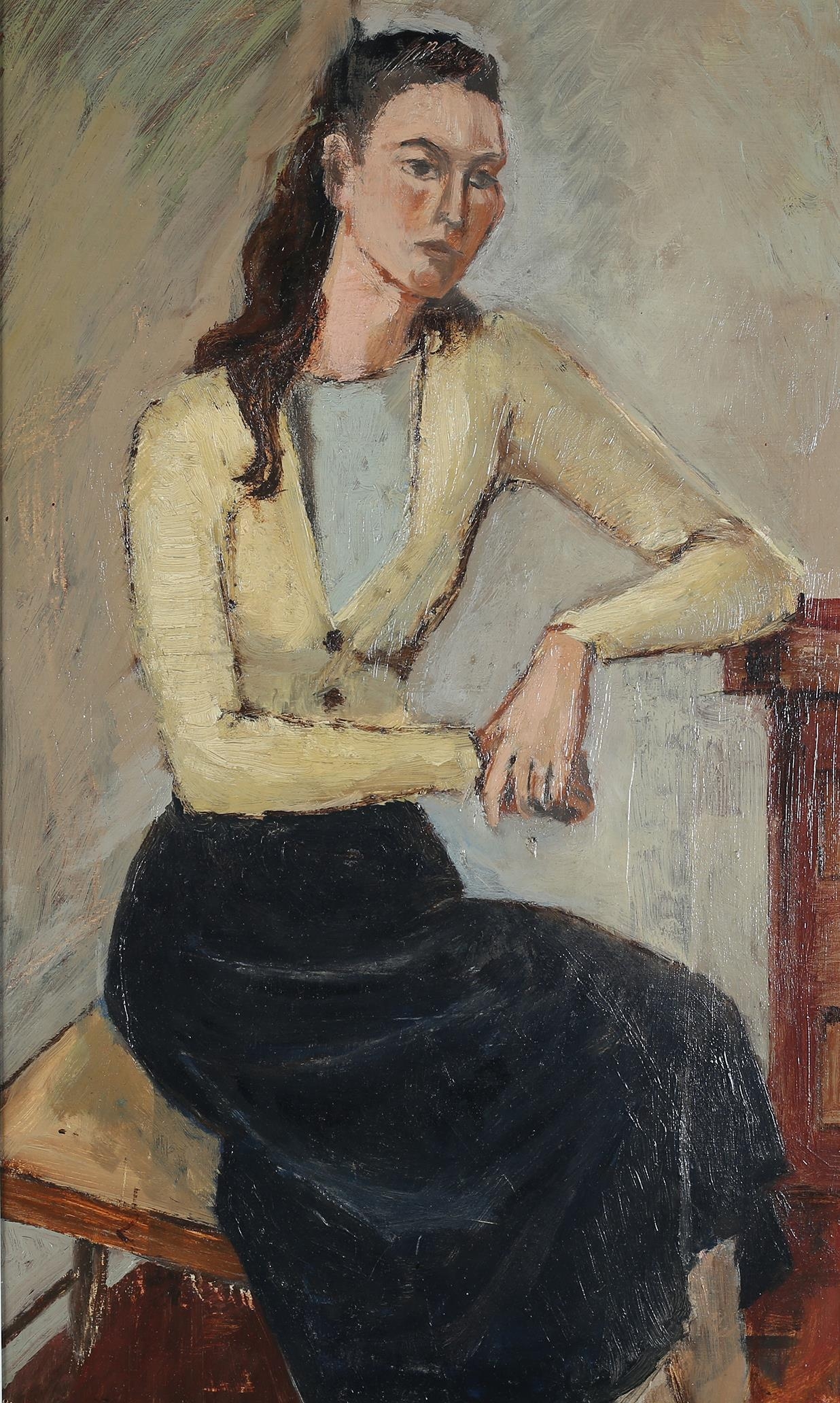 British School, mid 20th century, Girl in yellow, three quarter portrait, oil on board, unsigned, - Image 2 of 4