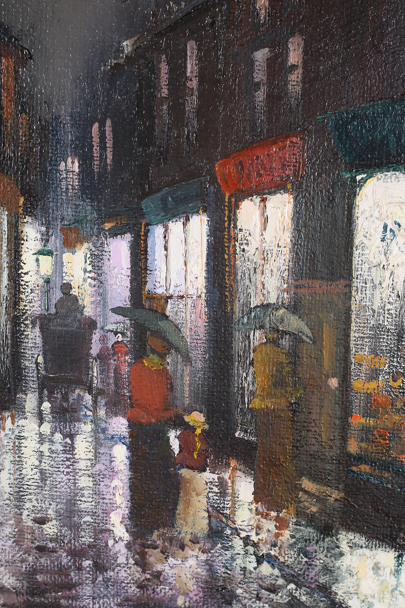 ARR Barry Hilton (b 1941), Edwardian street scene with figures on a rainy night, oil on canvas, - Image 3 of 5