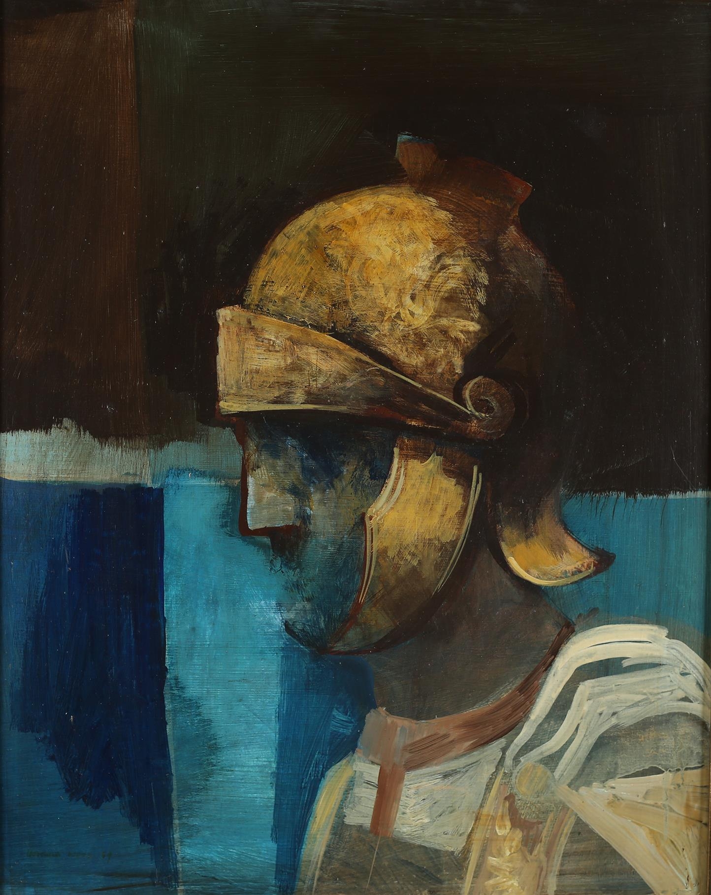 ARR Harold Wood (1918-2014), Head of Roman Soldier, head and shoulders portrait, in profile, oil - Image 2 of 5