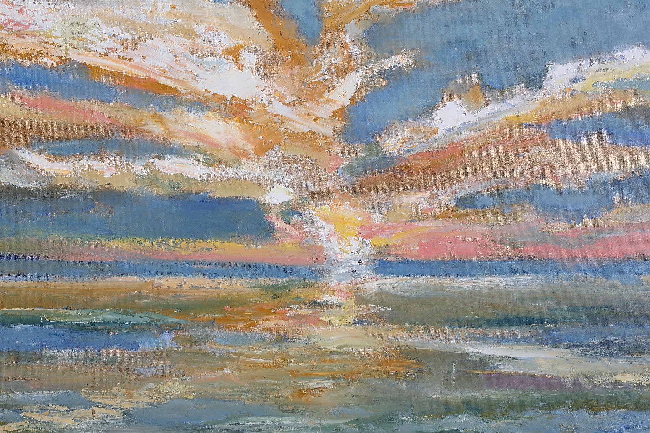 Richard Gower (b 1962), Landscape at sunset, oil on canvas, signed to lower right, Myra Studio stamp - Image 3 of 4