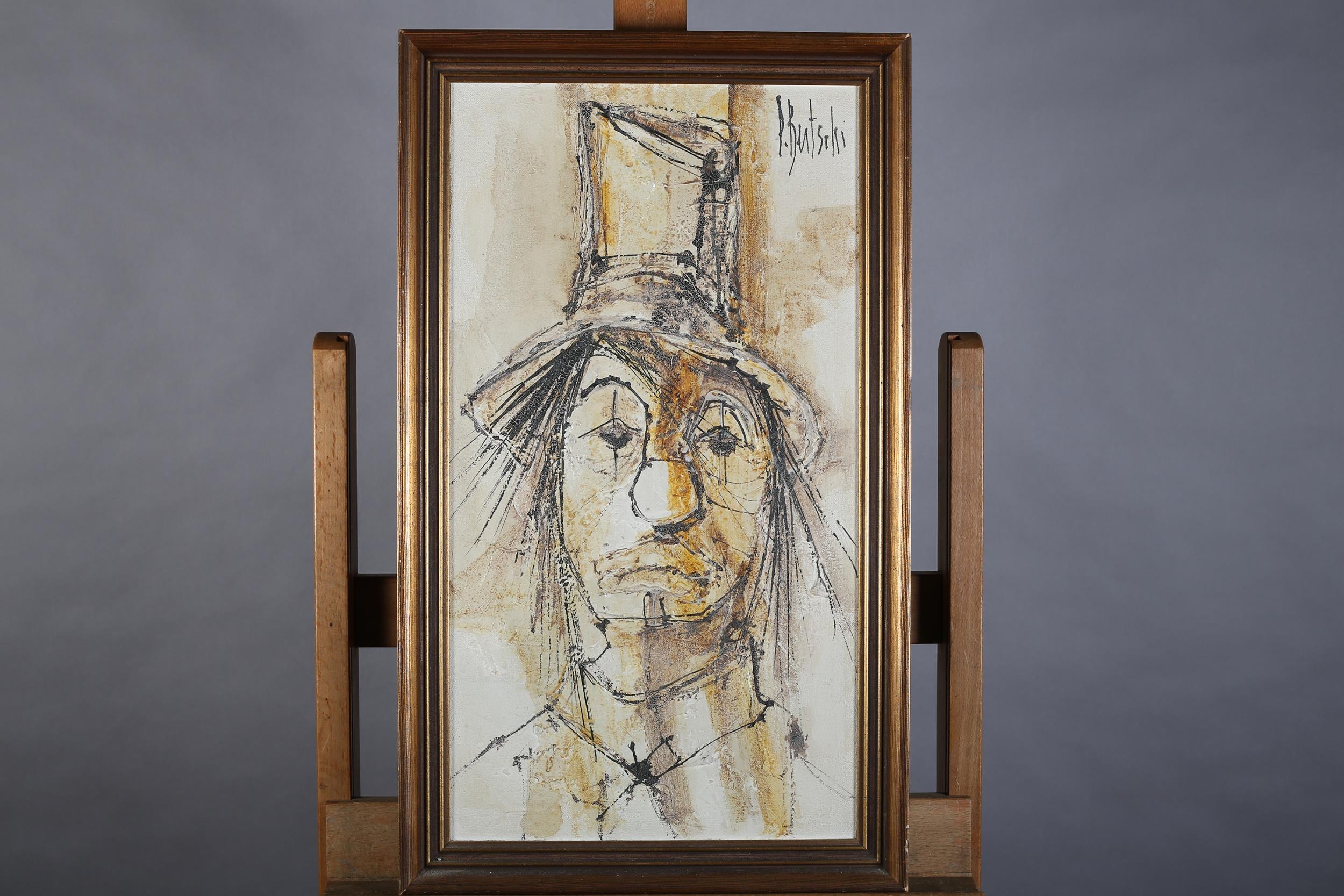 P Butschi mid-20th century, Clown, head and shoulders portrait, oil on canvas, signed to upper