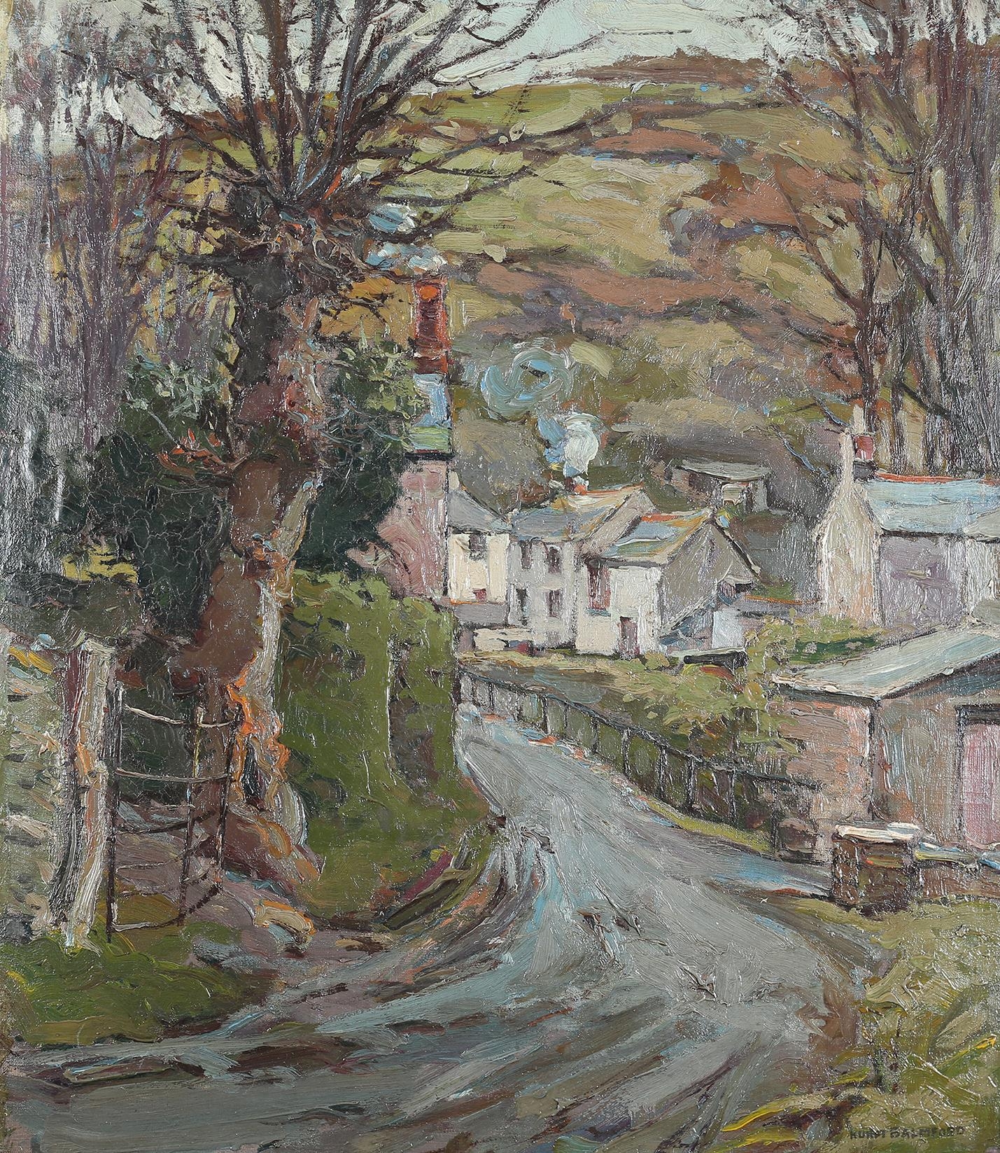 Hurst Balmford (1871-1950), Crumplehorn, Polperro, Street scene with winter trees, oil on board, - Image 2 of 5