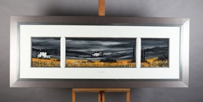 ARR Digby Page (b 1945), Fields of Gold, triptych, landscape with finca, acrylic, signed to lower