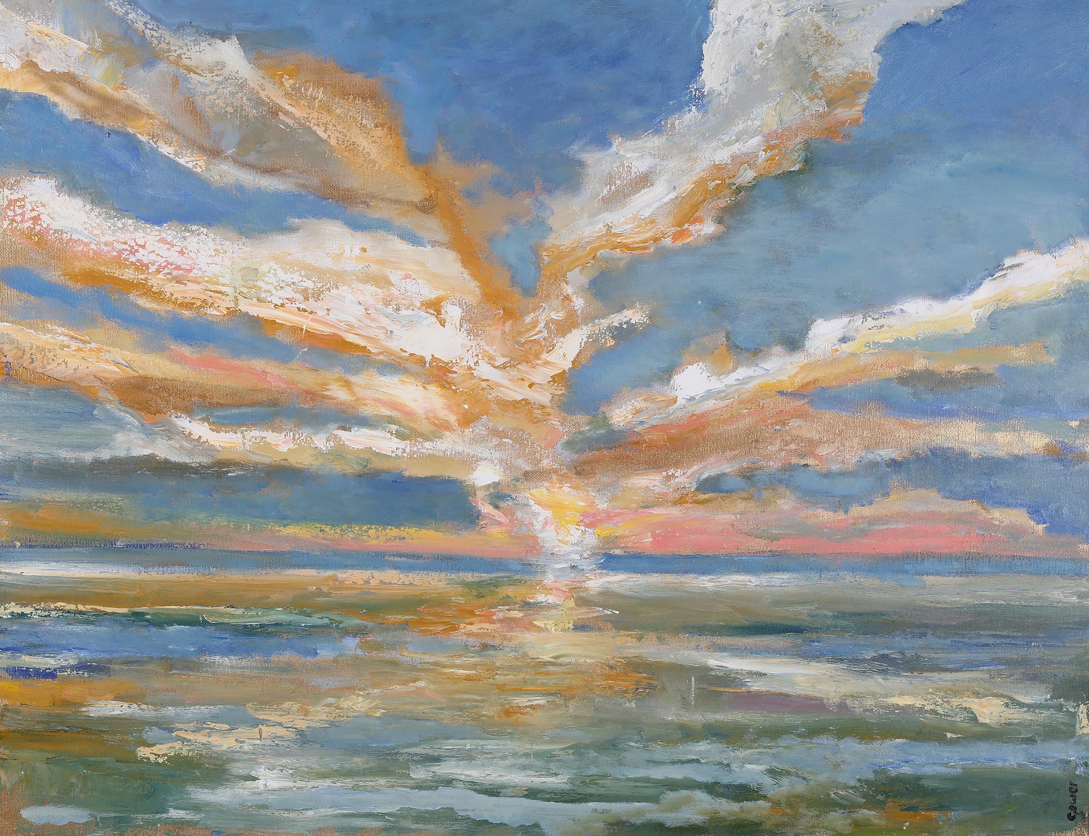 Richard Gower (b 1962), Landscape at sunset, oil on canvas, signed to lower right, Myra Studio stamp - Image 2 of 4