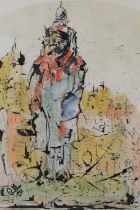 Preller, figure amongst ruins, mixed media, signed and dated 1971 to lower left, 43cm x 29.5cm (