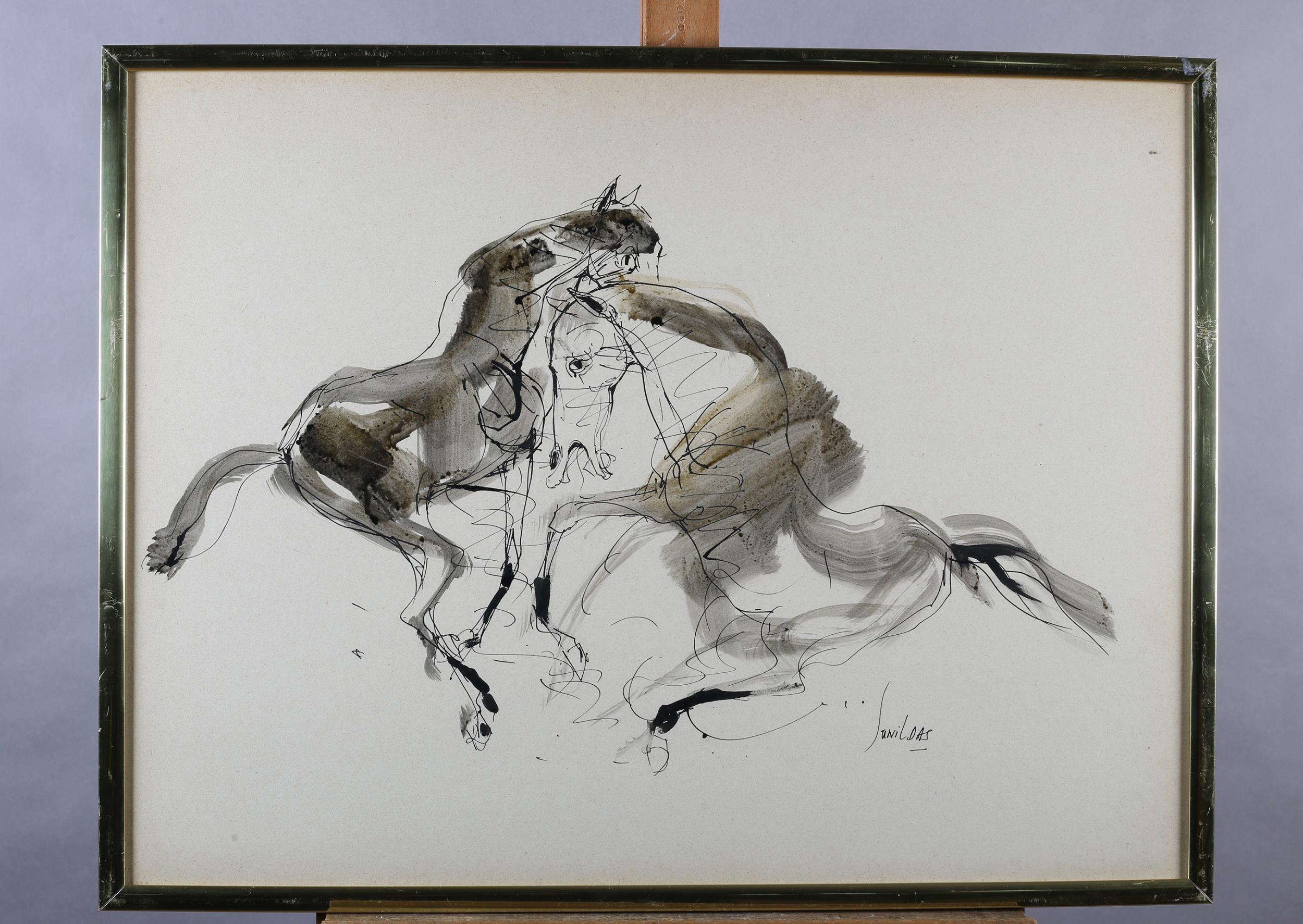 Sunil Das, Indian (1939-2015), Two horses, mixed media, signed to lower right, 55cm x 72cm (Shipping