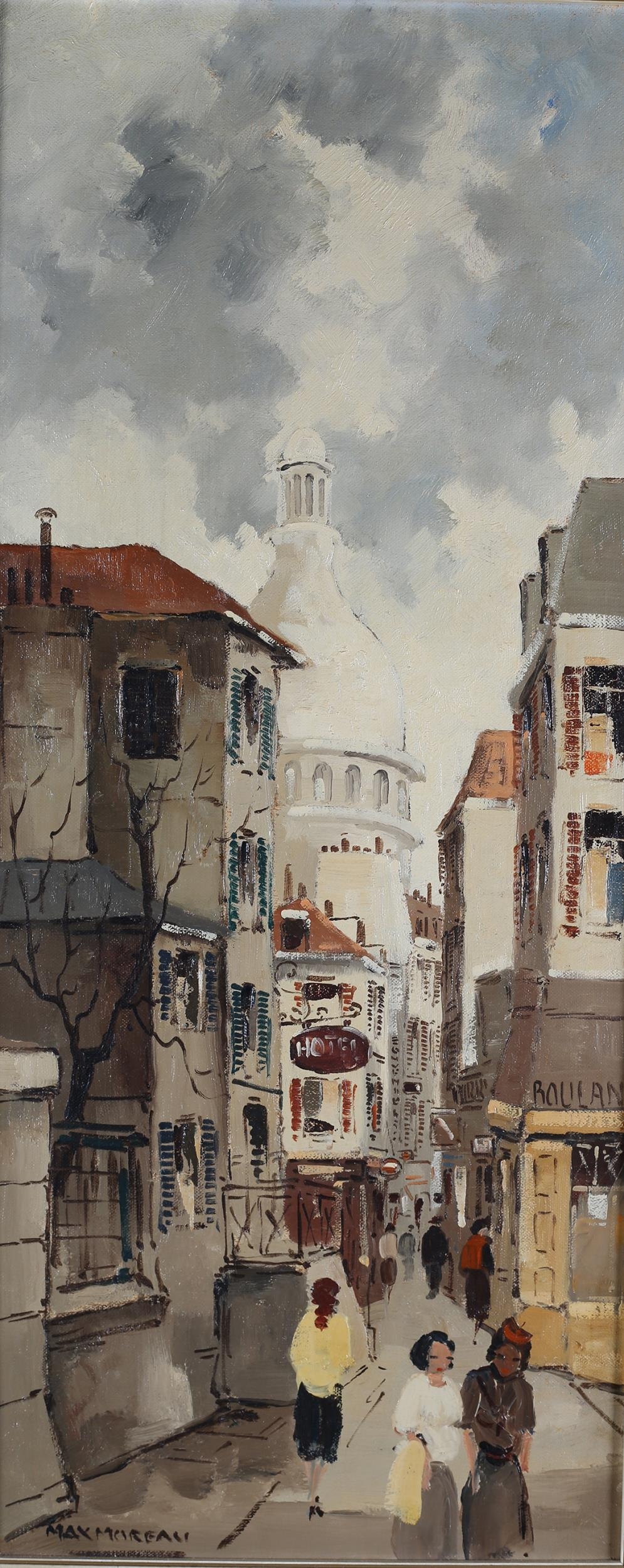 ARR Max Moreau French (act 1950-60), Montmatre, Paris, Street scene with elegant figures, oil on - Image 4 of 5