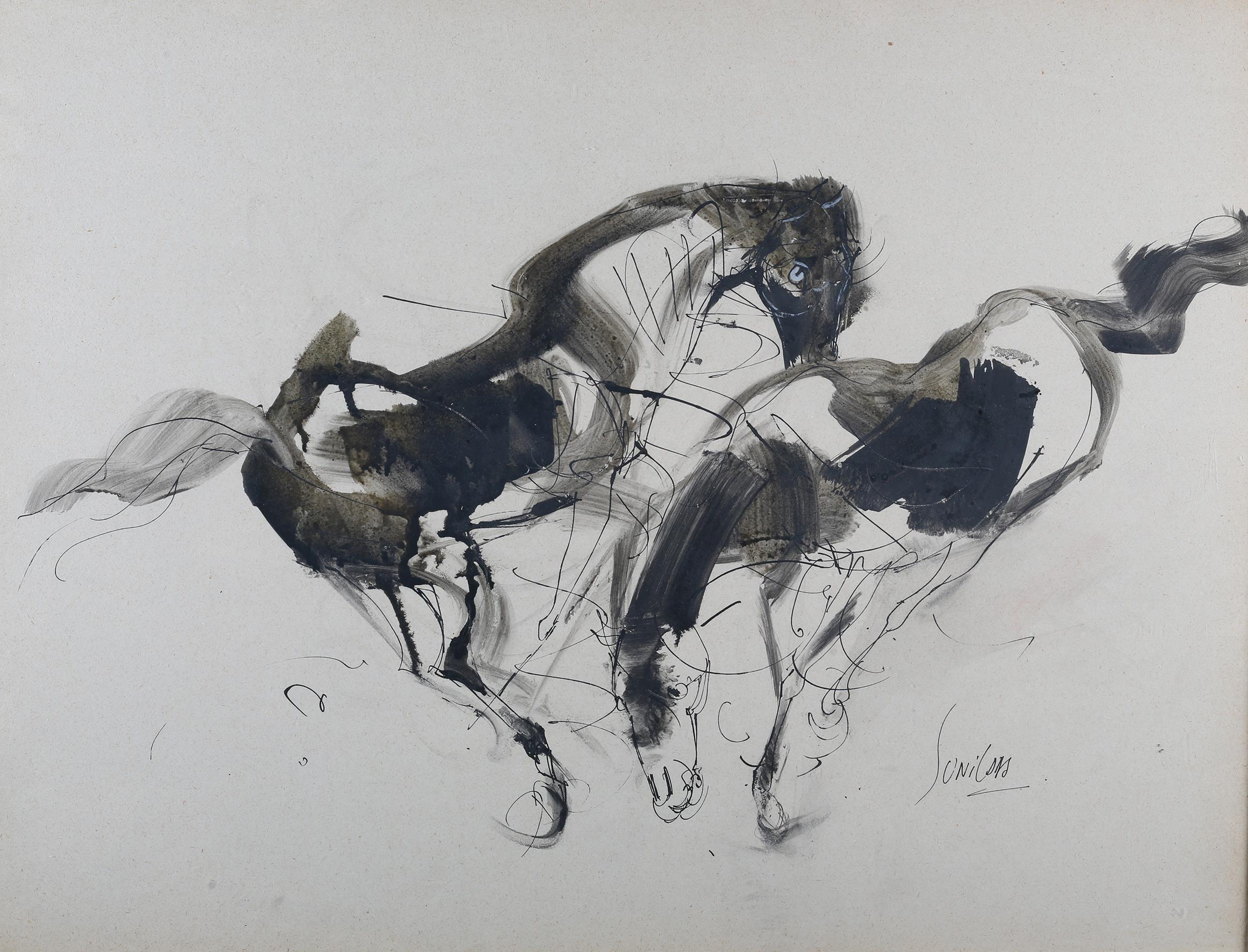 Sunil Das, Indian (1939-2015), Study of two horses, mixed media, signed to lower right, 55cm x - Image 2 of 4