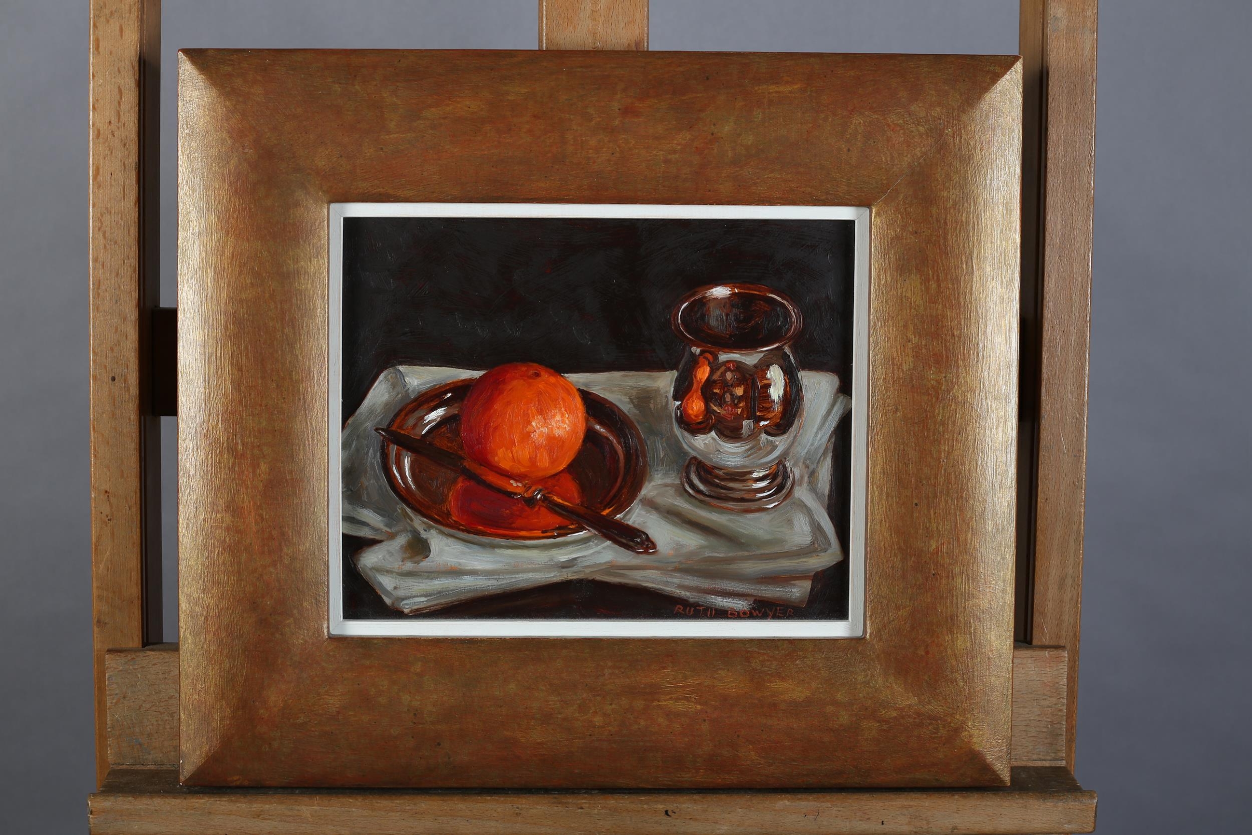 ARR Ruth Bowyer (b 1948), Orange and Silver Mug, oil on board, signed to lower right, with Walker