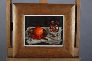 ARR Ruth Bowyer (b 1948), Orange and Silver Mug, oil on board, signed to lower right, with Walker