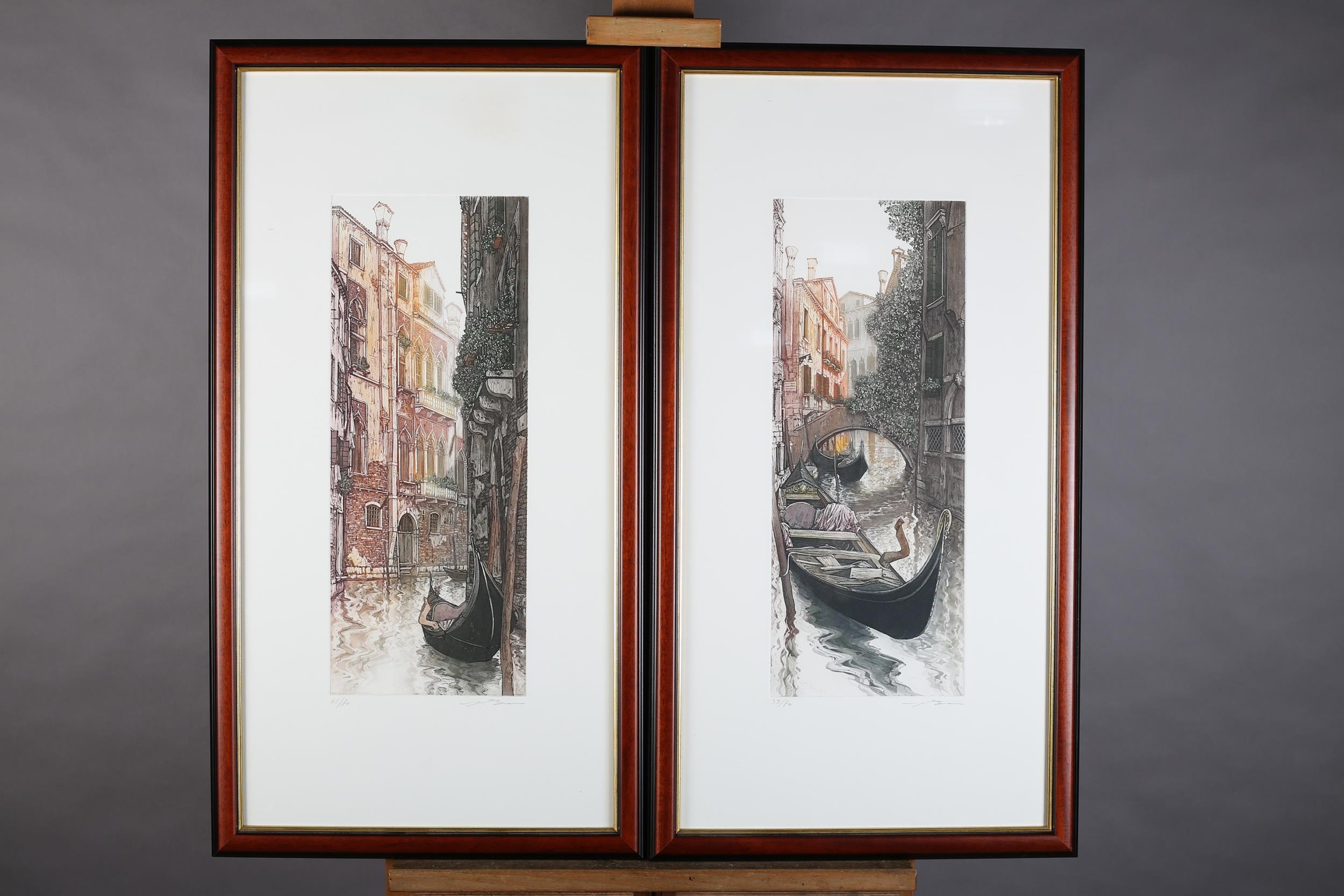 ARR Ugo Baracco Italian (b1949), A Venetian rio with moored gondolas, a pair, coloured etching,