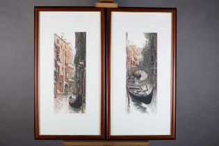 ARR Ugo Baracco Italian (b1949), A Venetian rio with moored gondolas, a pair, coloured etching,