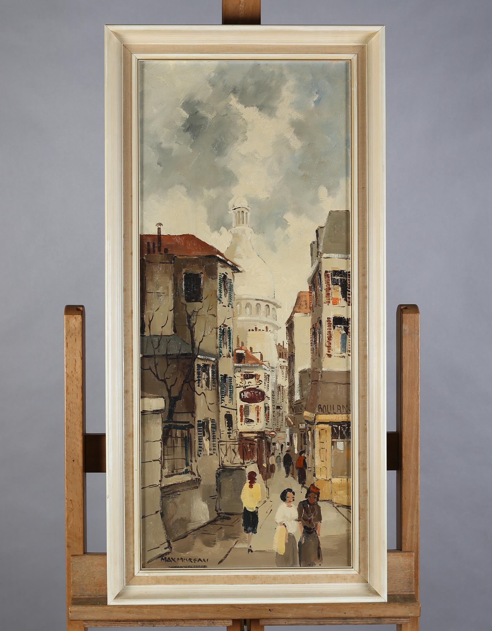 ARR Max Moreau French (act 1950-60), Montmatre, Paris, Street scene with elegant figures, oil on