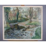 Hurst Balmford (1871-1950), Cornish stream with cottages amongst trees, oil on canvas laid onto