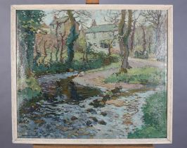 Hurst Balmford (1871-1950), Cornish stream with cottages amongst trees, oil on canvas laid onto