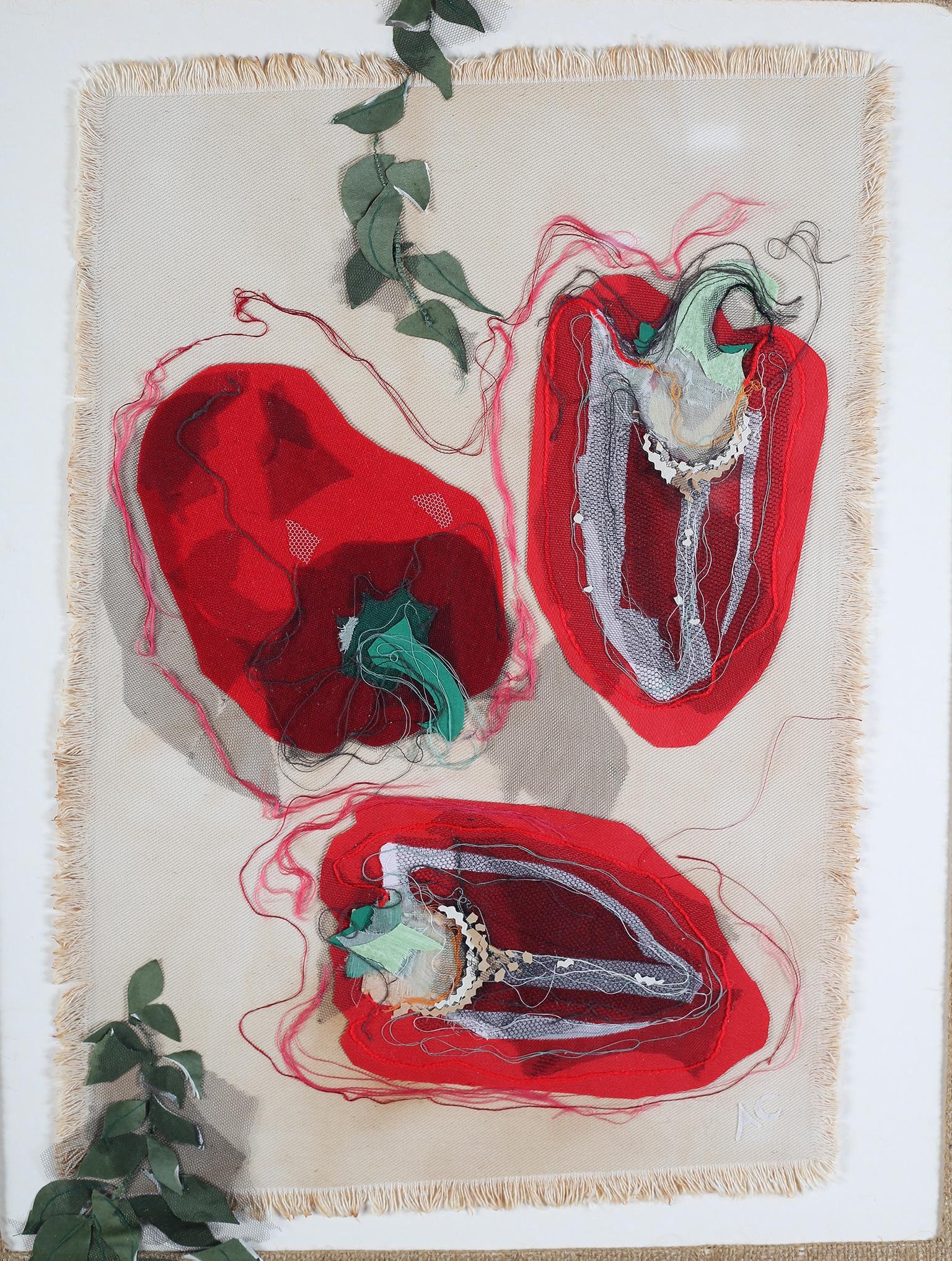 ARR Anne Carpenter,, 20th/21st century, 'One and two Halves Red Peppers', fabric collage, initialled - Image 2 of 4