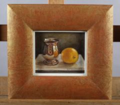 ARR Ruth Bowyer (b 1948), Lemon and Silver Mug, oil on board, signed to lower right, 14.5cm x 17.