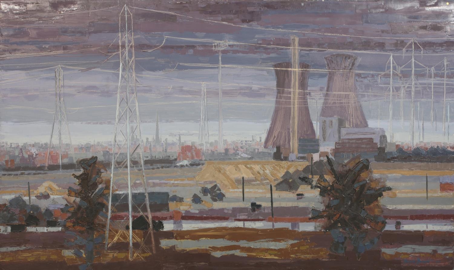 ARR Druie Bowett (1924-1998), Drax Power Station, landscape with cooling towers, oil on canvas,