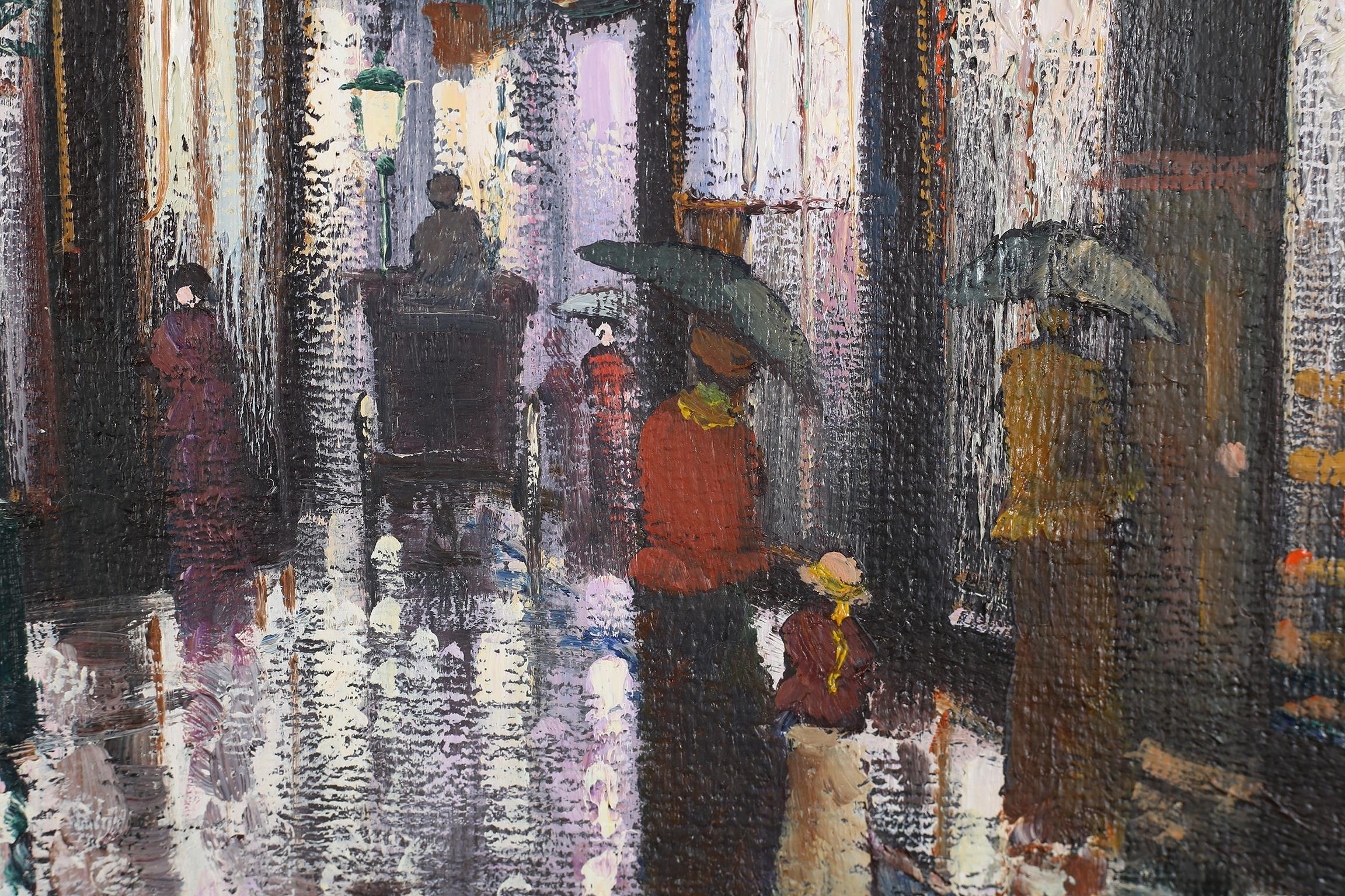 ARR Barry Hilton (b 1941), Edwardian street scene with figures on a rainy night, oil on canvas, - Image 5 of 5