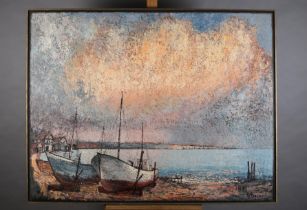 ARR Harijs Upenieks Australian (1925-2007), Coastal landscape with beached fishing boats, oil on