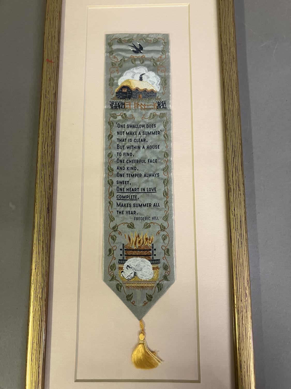 A Thomas Stevens of Coventry woven silk bookmark, framed, featuring a young girl’s offering a bowl - Image 4 of 4