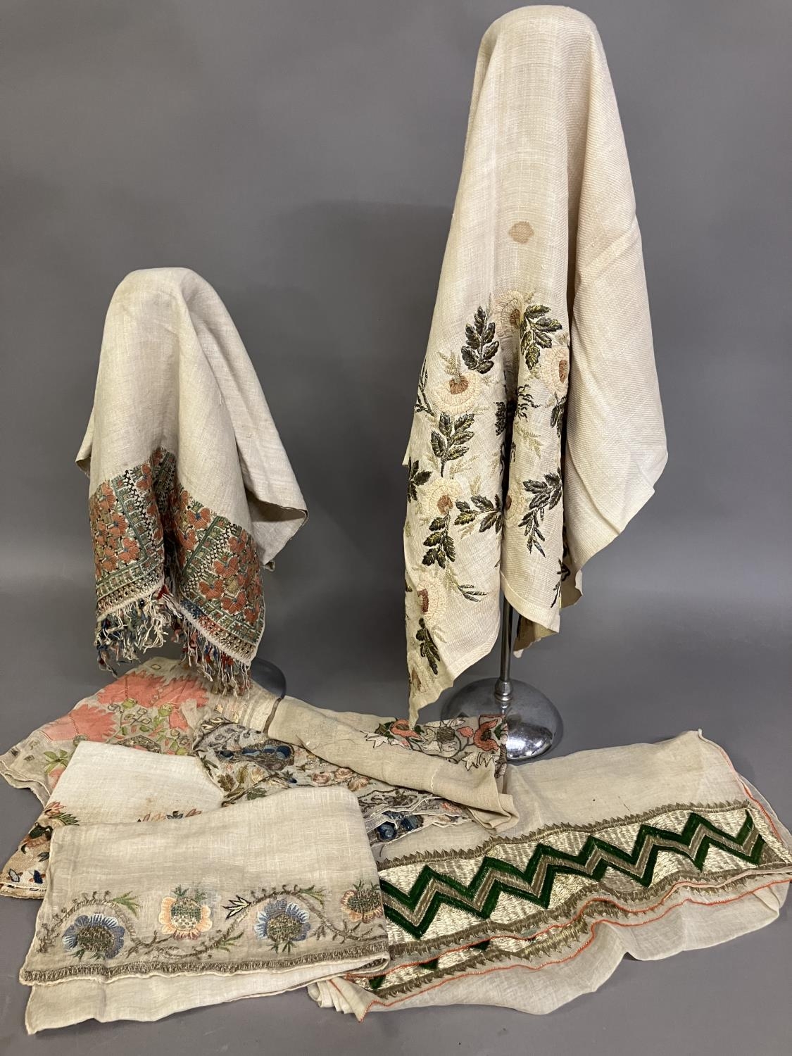 Ottoman textiles, a selection of towels and a shawl: a medium weight towel with silk embroidery to