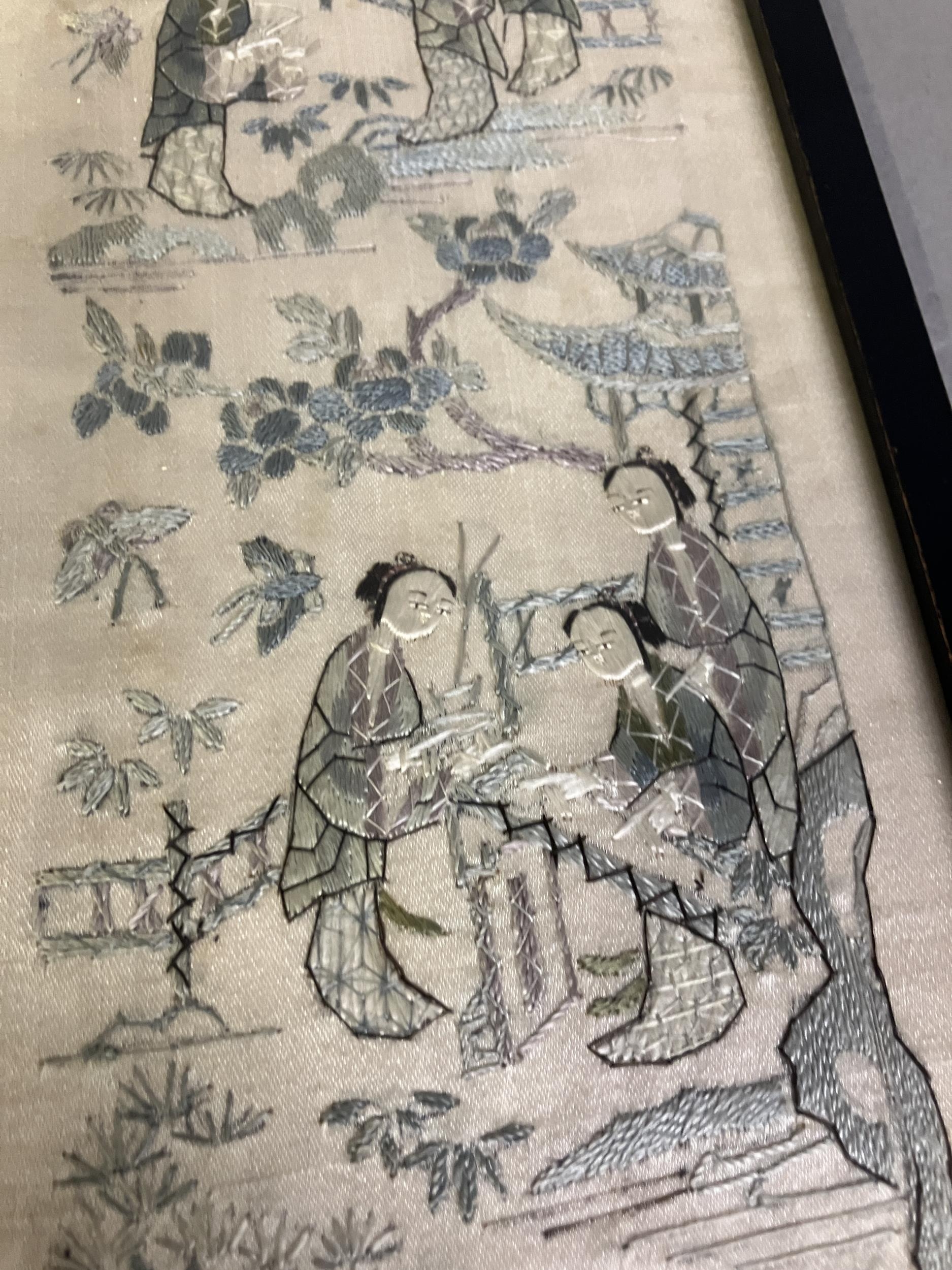 A 19th century embroidered silk Chinese sleeve band, framed and glazed, the cream ground - Image 3 of 5