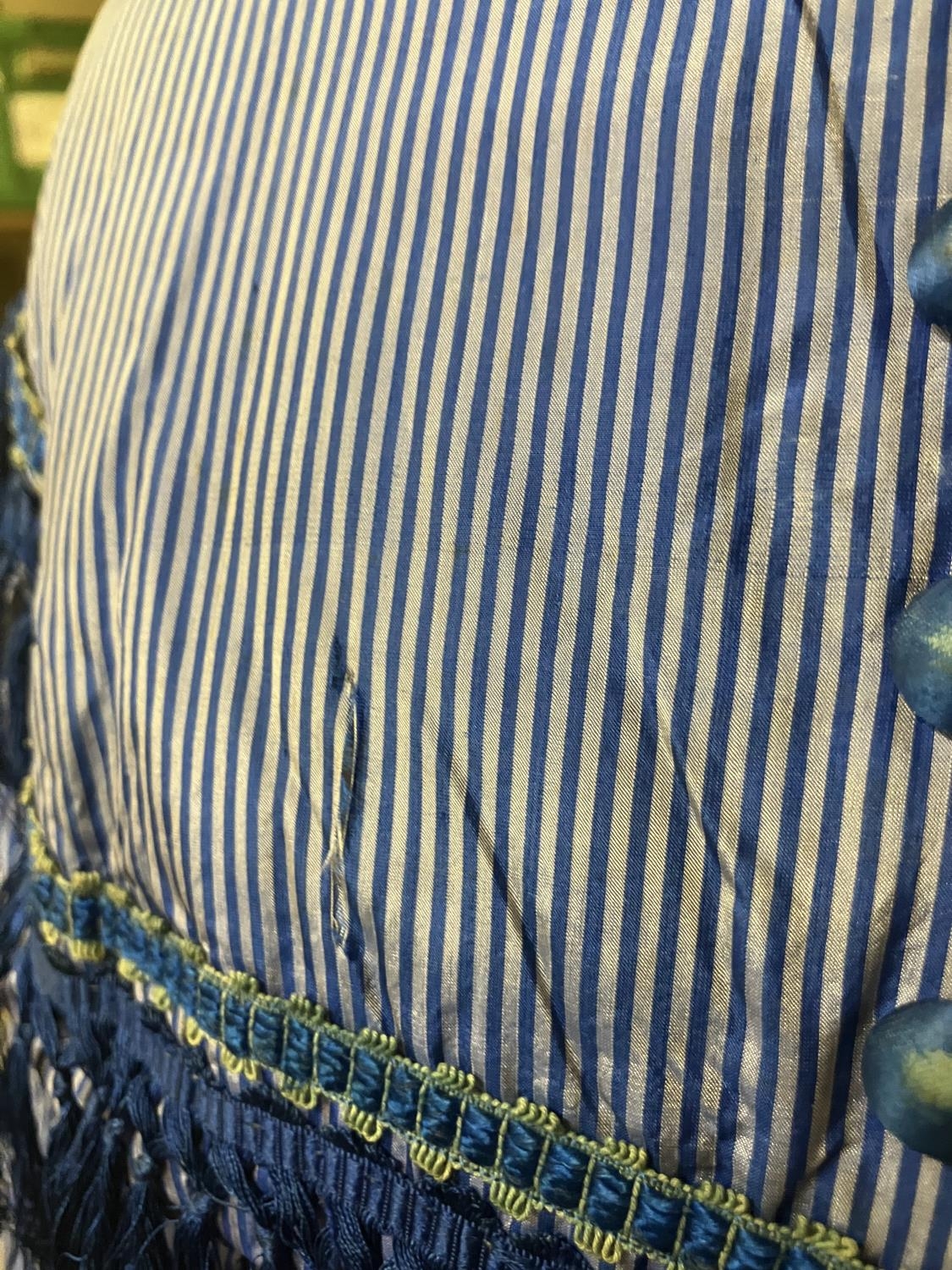 C 1865, a striped blue silk two-piece ensemble, short bodice with rear detail, trimmed with - Image 8 of 8